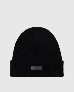 Agnona Black ribbed cashmere cap with logo patch