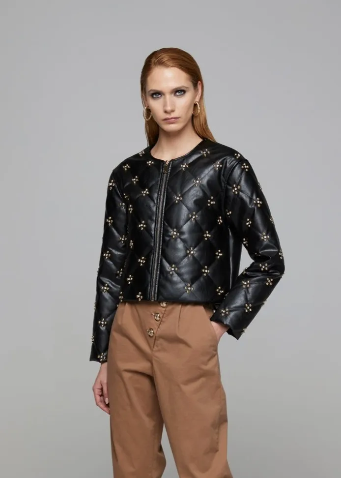 Chaqueta acolchada negra strass dorado