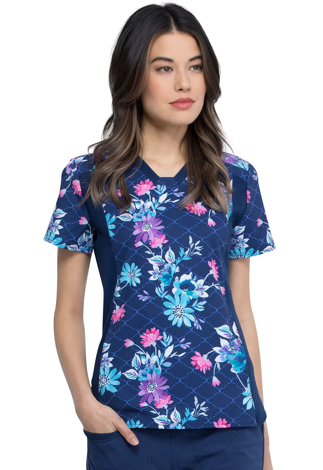 CHEROKEE I FLEX VNECK KNIT PANEL TOP IN HIGH STATUS