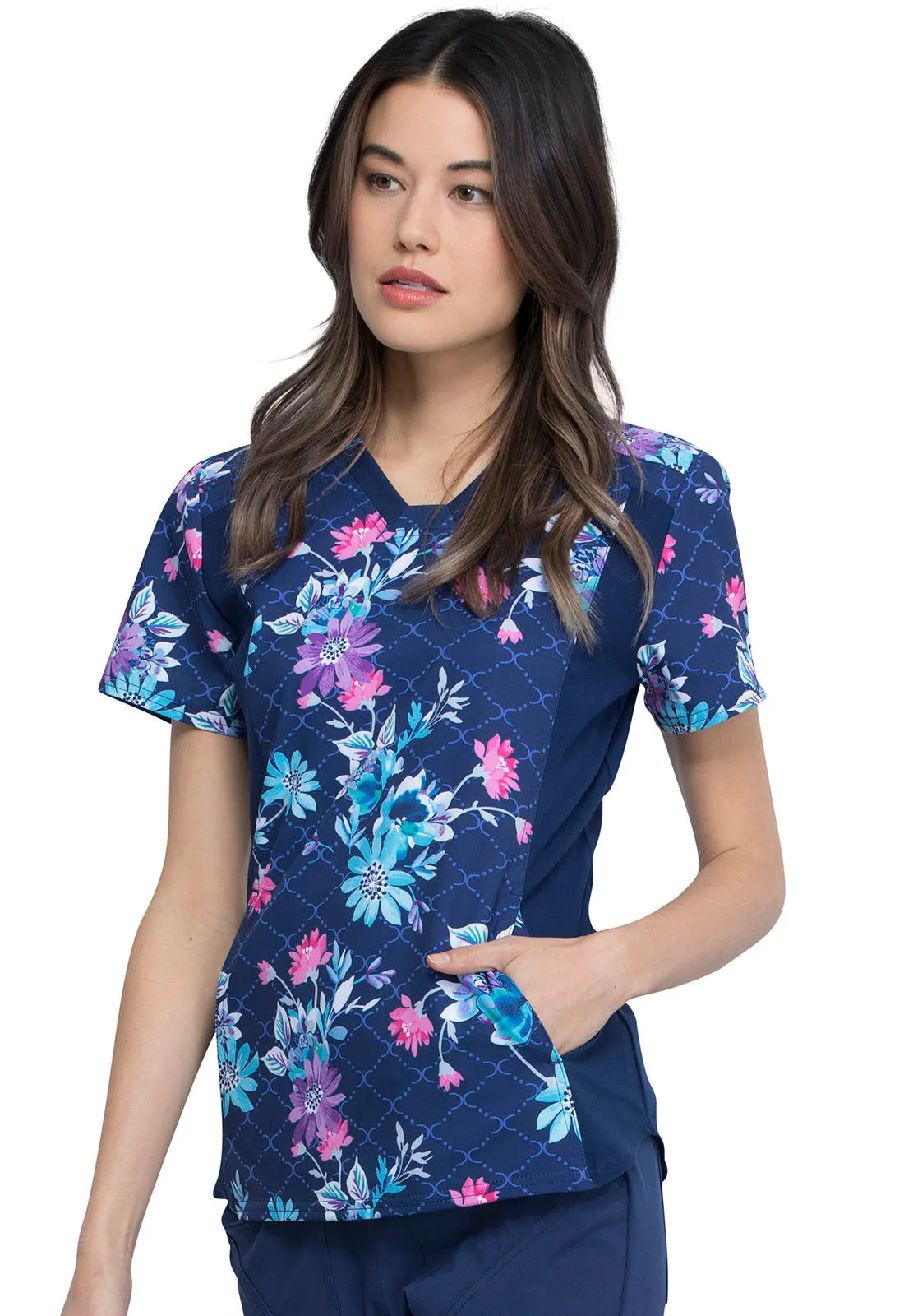 CHEROKEE I FLEX VNECK KNIT PANEL TOP IN HIGH STATUS