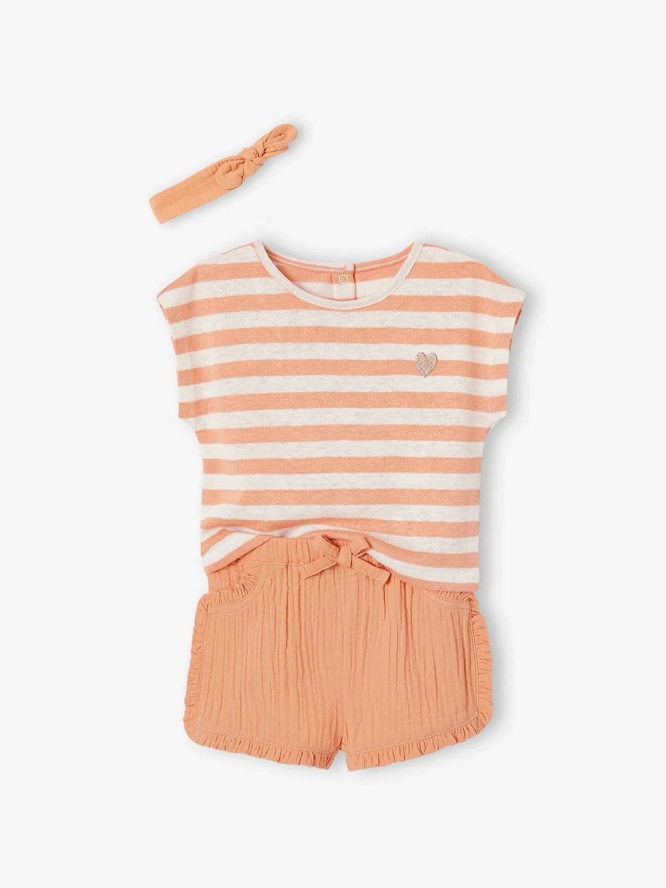 Conjunto para bebé: short, camiseta a rayas y cinta del pelo