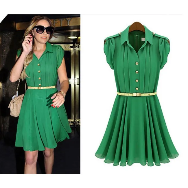 FRESH GREEN LAPEL SINGLEBREASTED CHIFFON DRESS