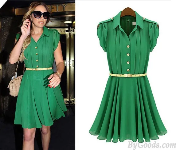 FRESH GREEN LAPEL SINGLEBREASTED CHIFFON DRESS