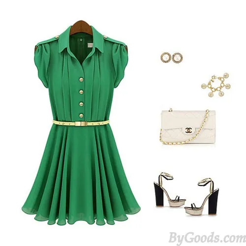FRESH GREEN LAPEL SINGLEBREASTED CHIFFON DRESS