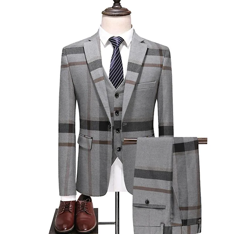 Men's Wedding Plaid Blue Gray Blazers Jacket Pants Vest 3 Pcs Set   Slim Fit Business Tuxedo Dress Classic Formal Suits Coat