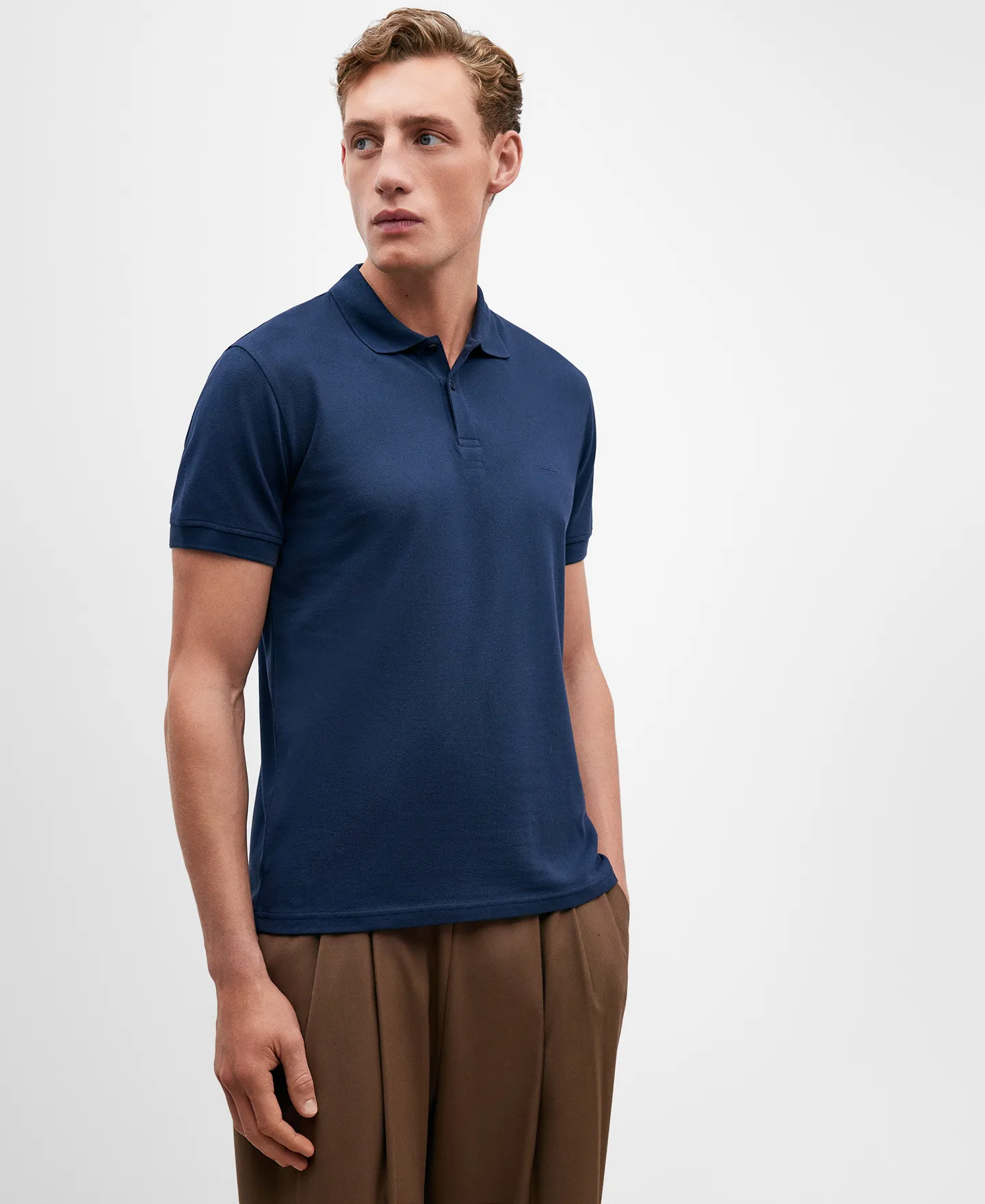 Navy blue cotton piqué polo shirt men