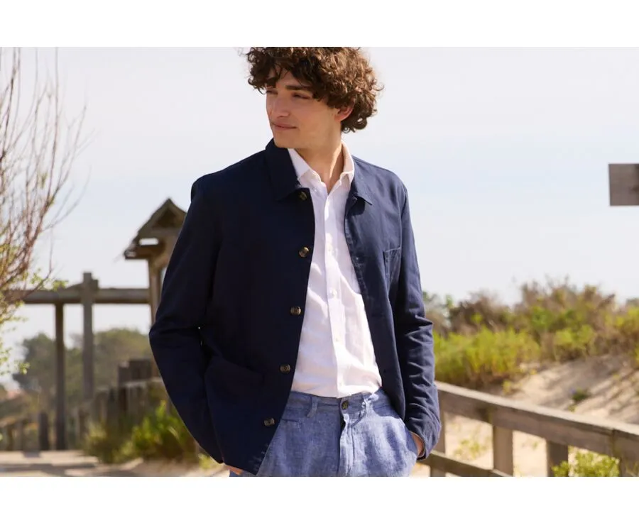 NAVY BLUE MEN'S COTTON/LINEN PAINTER JACKET  FAUSTINIEN
