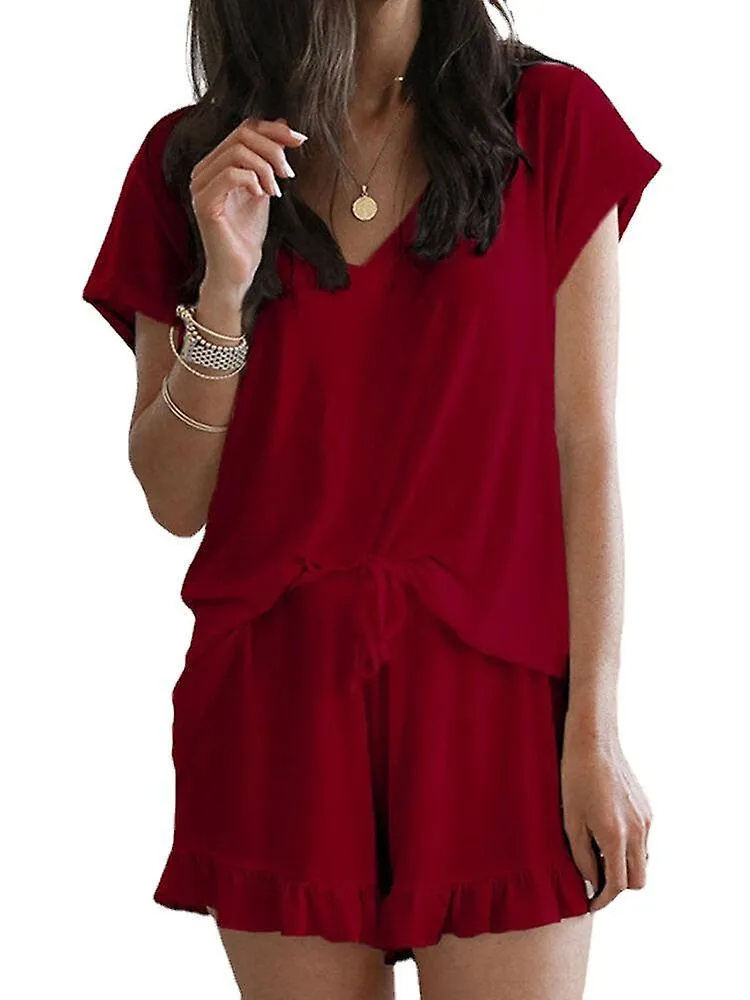 SOLID COLOR HOME LOUNGEWEAR VNECK SHORT SLEEVE TWO PIECE SET
