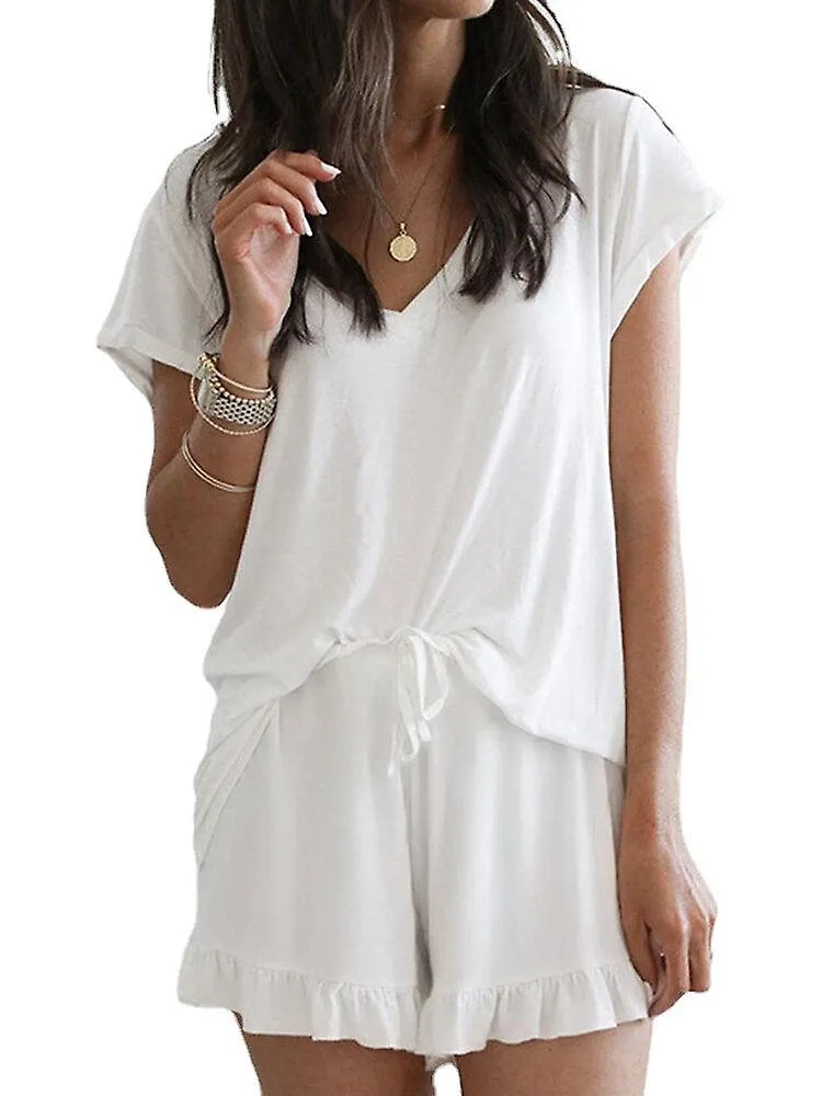 SOLID COLOR HOME LOUNGEWEAR VNECK SHORT SLEEVE TWO PIECE SET