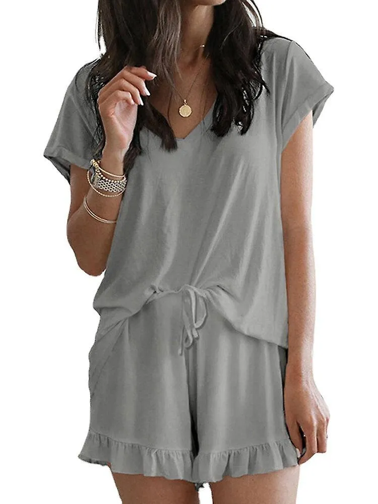 SOLID COLOR HOME LOUNGEWEAR VNECK SHORT SLEEVE TWO PIECE SET