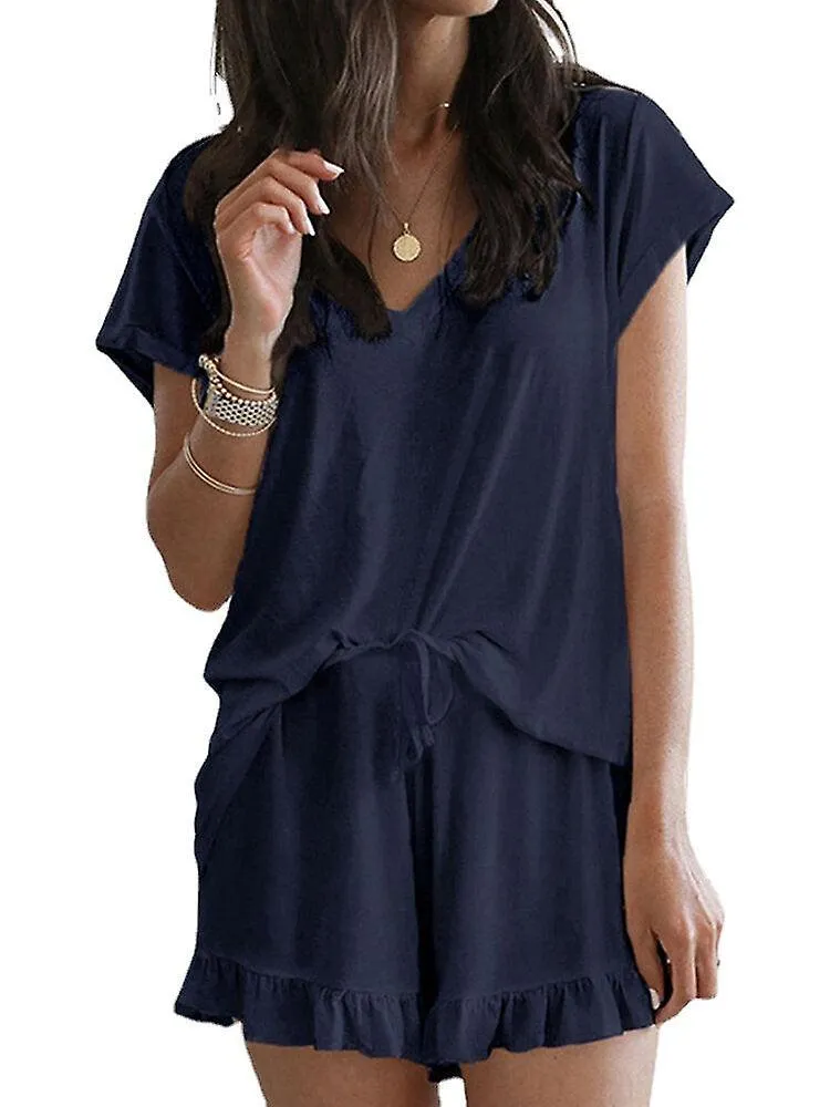 SOLID COLOR HOME LOUNGEWEAR VNECK SHORT SLEEVE TWO PIECE SET