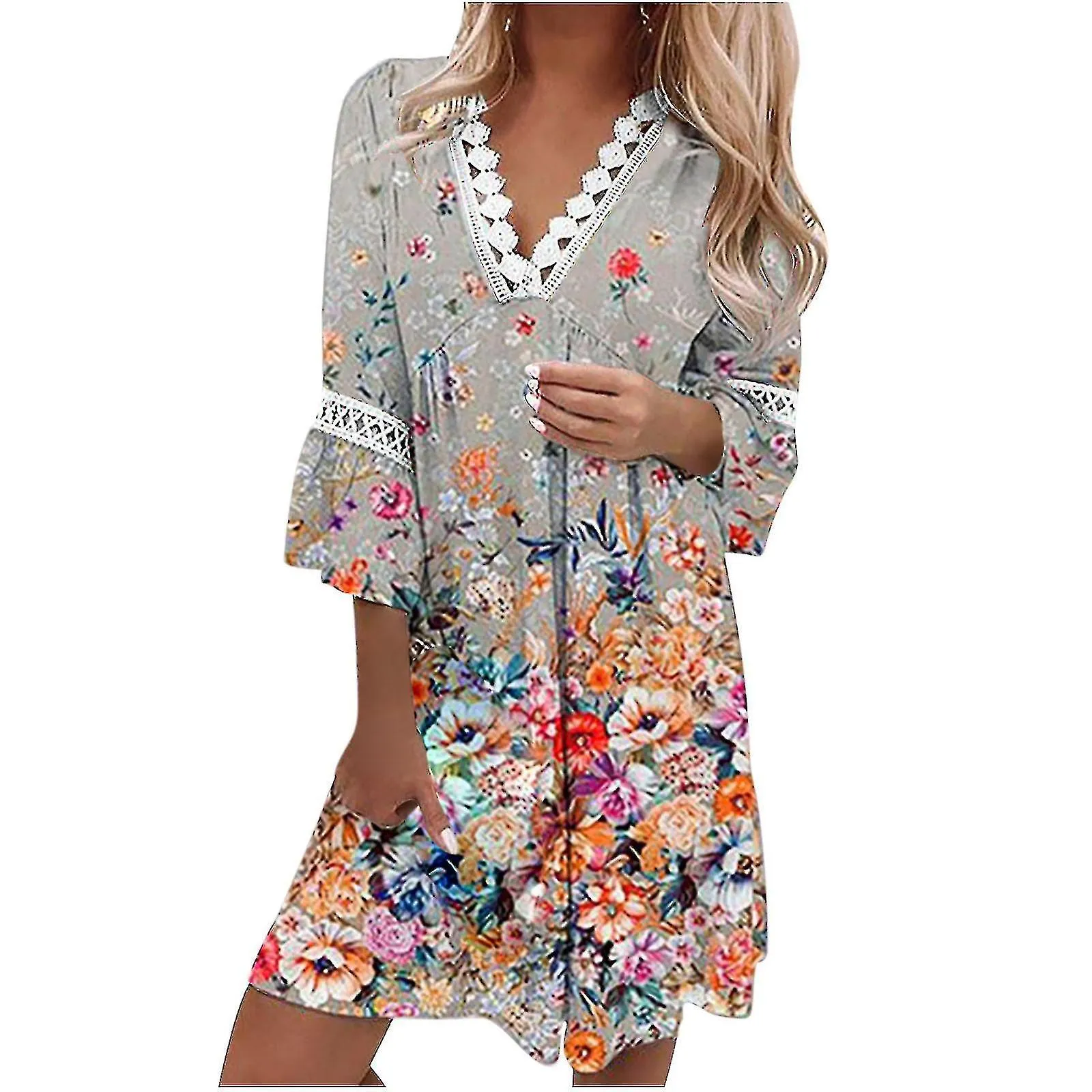 WOMEN CASUAL SUMMER DRESSES 3/4 SLEEVE PARTY TUNIC SWING CASUAL V NECK BOHO PAISLEY PRINT LACE TRIM VNECK MIDI DRESS