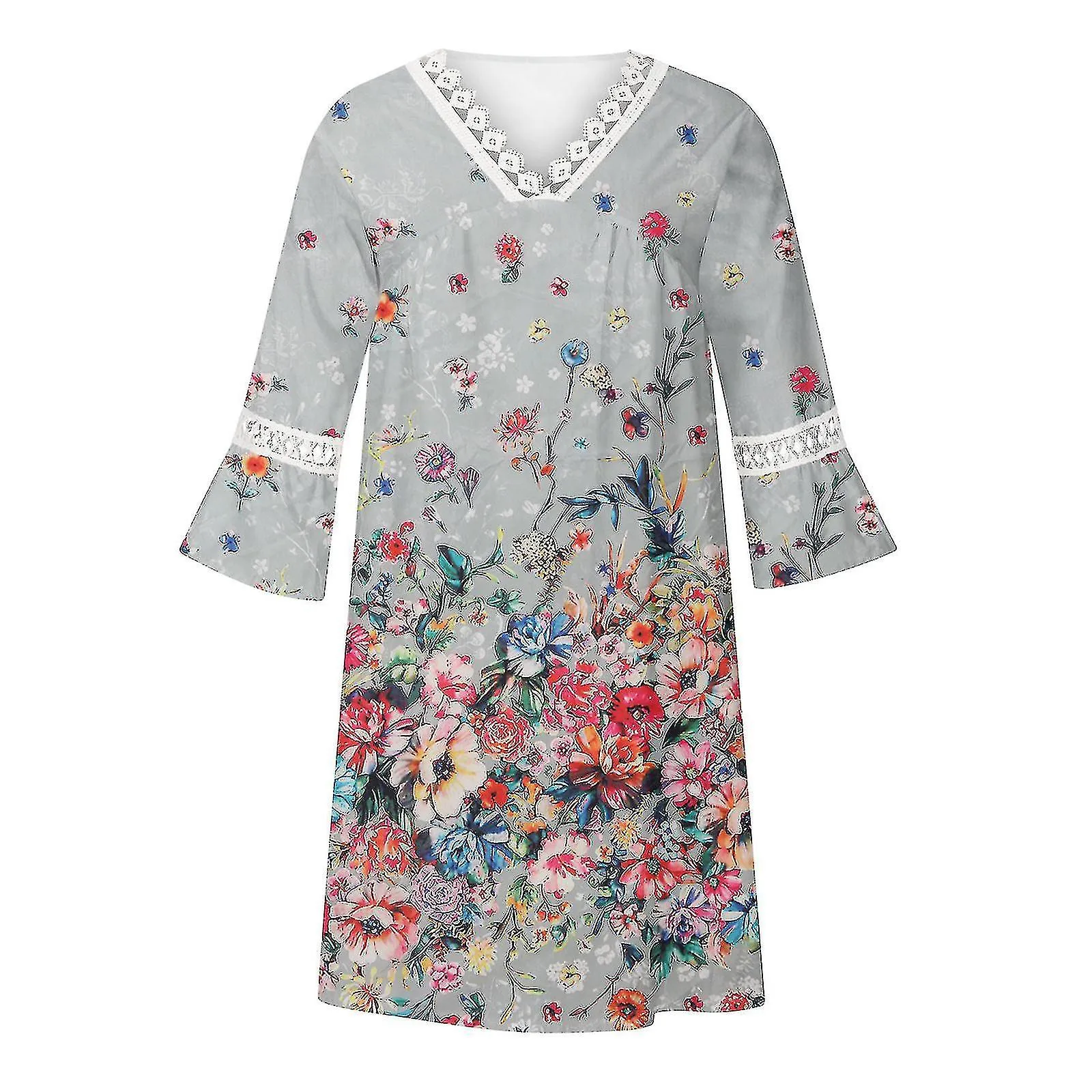 WOMEN CASUAL SUMMER DRESSES 3/4 SLEEVE PARTY TUNIC SWING CASUAL V NECK BOHO PAISLEY PRINT LACE TRIM VNECK MIDI DRESS